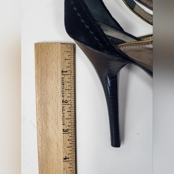 Cole Haan Black Velvet & Brassy Gold Open Toe Stilletto T-Strap Heels - Picture 16 of 16